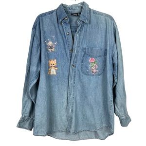 Vintage 90s Kitten Oversized Chambray Button Down Longsleeve